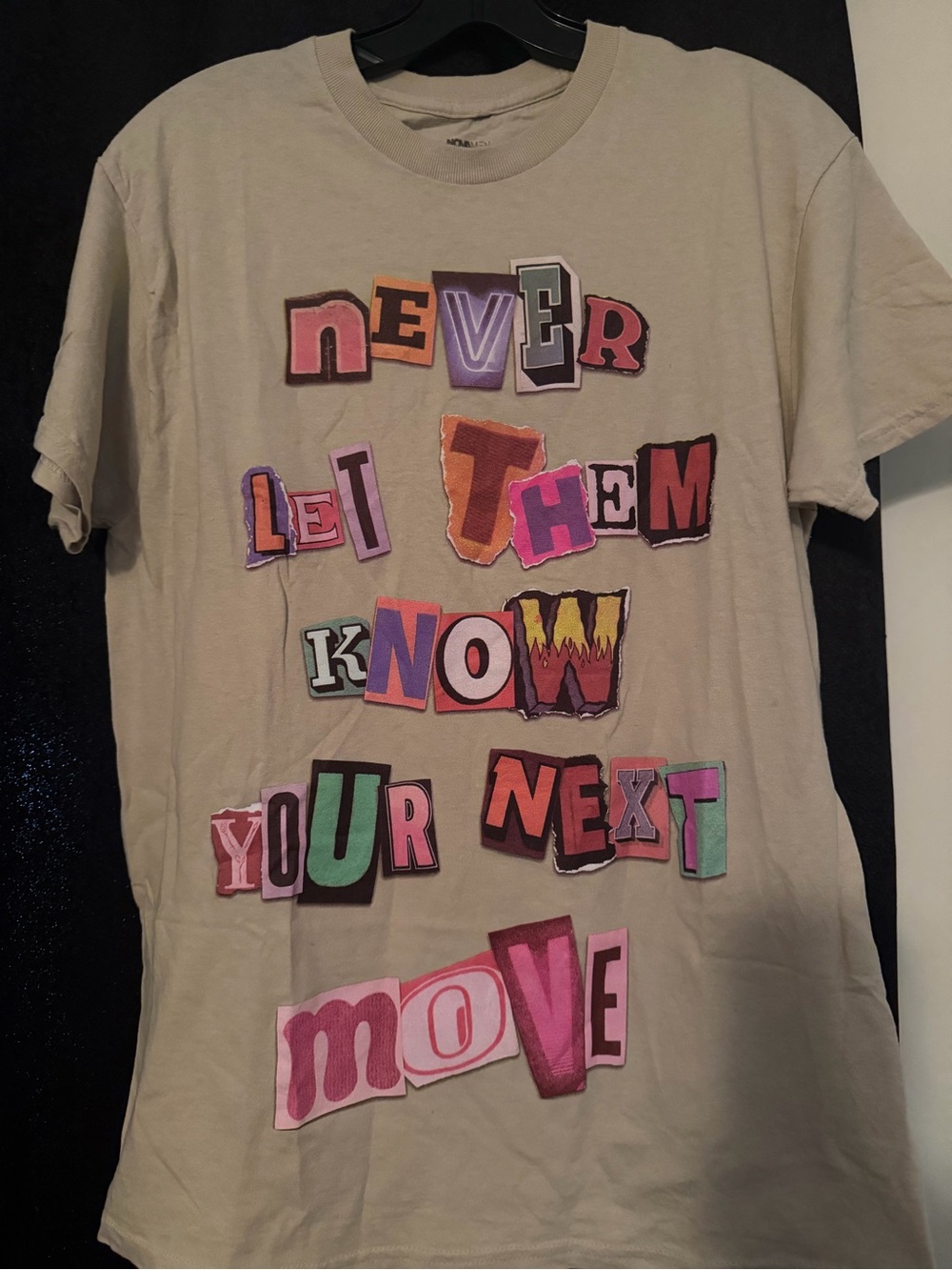 Fashion Nova Beige Short-Sleeve Graphic Tee with Multicolor Ransom-Letter Print